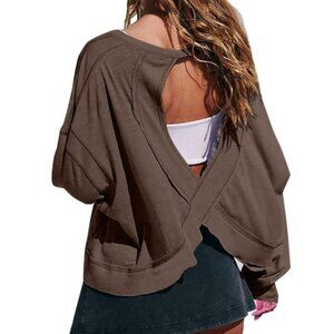 NEW Women's Backless Loose Tops Long Sleeve Workout Tops